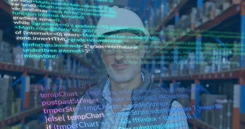 Warehouse manager scanning code overlay appearing and analyzing inventory data Stock Footage 333910845