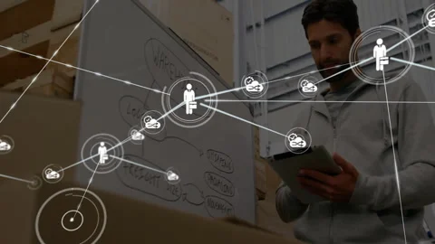 Warehouse manager starting circle expanding into person network and cloud loops 스톡 동영상 310317793