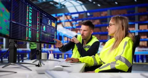 Warehouse Manager Studies Logistics Using Spreadsheets On Desktop Computer Sc Stock Photos