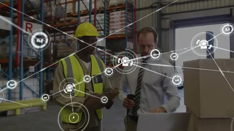 Warehouse manager tapping scanner while worker checking inventory, data network Stock Footage 323454898