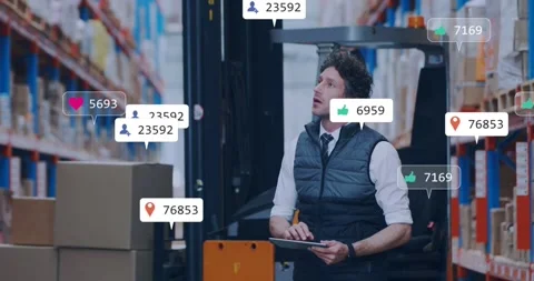 Warehouse manager tapping tablet and causing animated alerts clustering around 動画素材 331736642