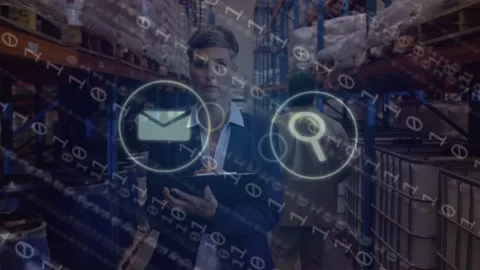 Warehouse manager tapping tablet and checking inventory, activating AR icons Video stock 334373257