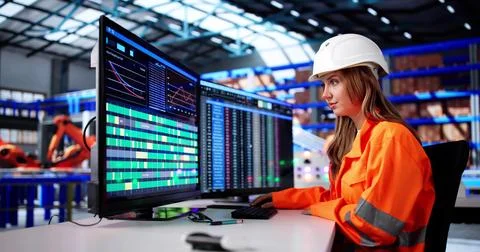 Warehouse Manager Tracks Supplier Data Using Inventory Software In Office. Stock Photos