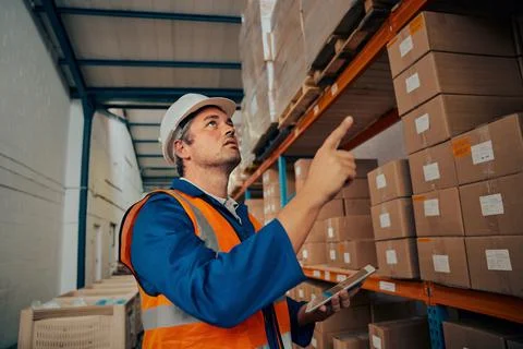 Warehouse manager in uniform and hardhat checking the stock using digital tablet Stock Photos