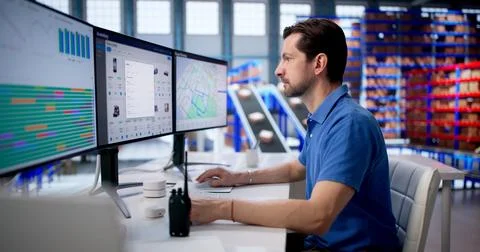 Warehouse Manager Uses Computer Software To Track And Organize Inventory Effi Stock Photos