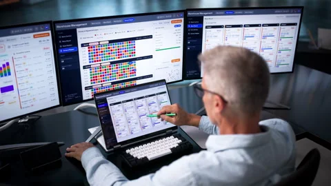 Warehouse Manager Uses Laptop To Optimize Inventory Stock Footage 345319024