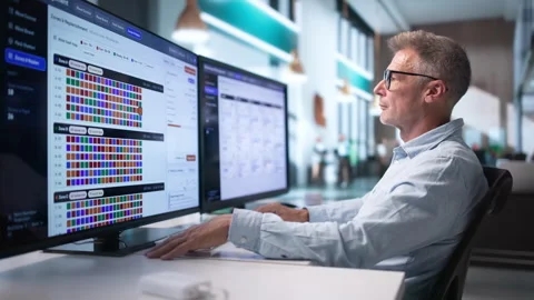 Warehouse Manager Using Computer Software To Optimize Inventory Stock Footage 345320043
