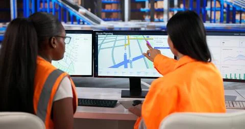Warehouse Manager Using Computer Software To Optimize Delivery Routes Efficie Stock Photos