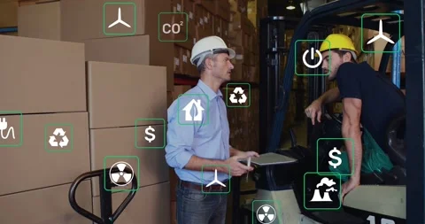 Warehouse manager walking to forklift, checking stock as operator pointing, 스톡 동영상 331789960