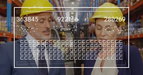 Warehouse managers checking tablet causing HUD overlay updating stock counts, Stock Footage 334183111