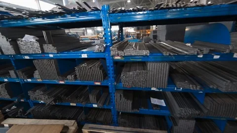 Warehouse of metal profiles . The profile to create the warehouse. metal pipe Stock Footage 94899315