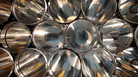 Warehouse of metallic pipes for flues. Camera flying along metal tubes. Stock-Footage 63995404