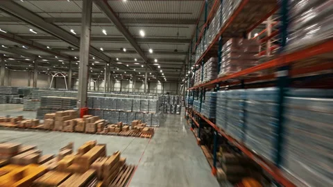 Warehouse. Modern logistic storage building FPV drone view. Industrial goods Stock Footage 165418842