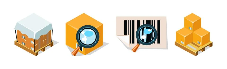 Warehouse Objects with Cardboard Box Isometric Vector Set Illustrazione stock