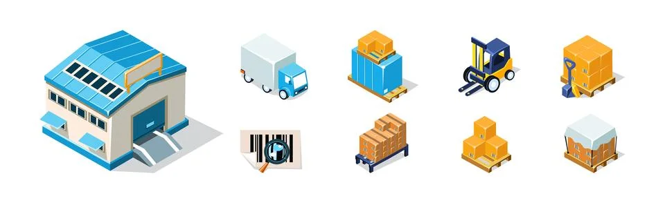 Warehouse Objects with House, Fork Lifter, Truck and Cardboard Box Isometric Stock-Illustration