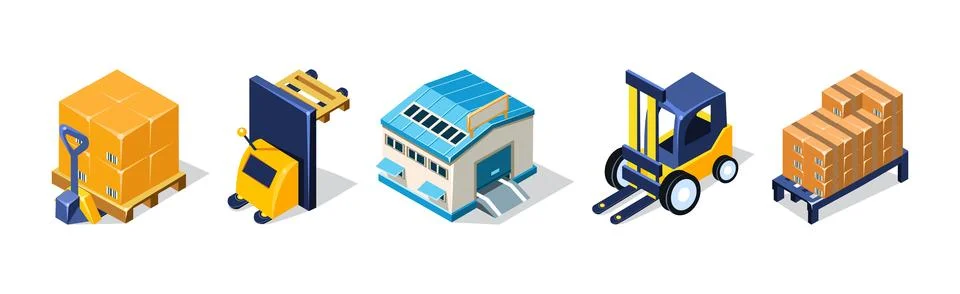 Warehouse Objects with House, Fork Lifter and Cardboard Box Isometric Vector Set Illustrazione stock