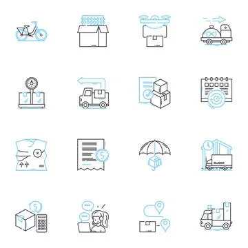 Warehouse operations linear icons set. Inventory, Loading, Unloading, Picking Stock Illustration