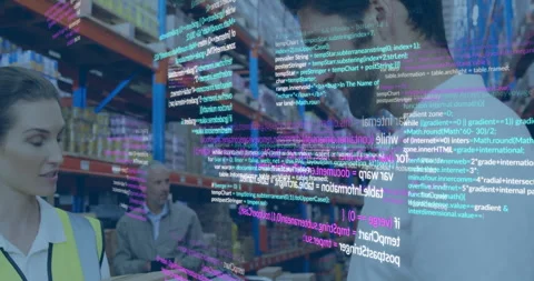 Warehouse operative pressing handheld scanner, activating floating code overlay 動画素材 309895383