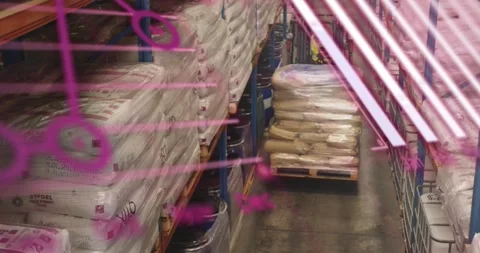 Warehouse operator driving forklift down aisle initiating bar chart overlays for Stock Footage 319681715
