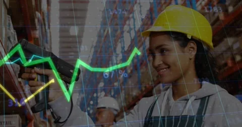 Warehouse operator pressing scanner and scanning boxes animating inventory data Stock Footage 319851884