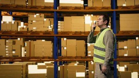 Warehouse operator reporting parcel status via two-way portable transceiver Stock Photos