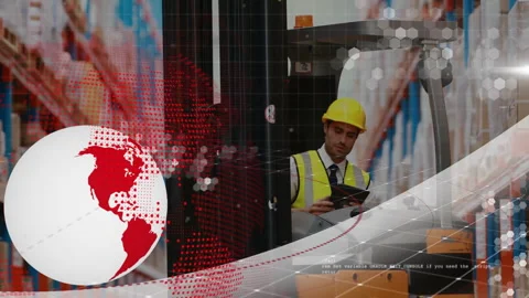 Warehouse operator scanning racks, tapping tablet as globe and hex patterns Stock Footage 310971641