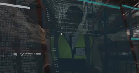 Warehouse operator tapping tablet as inventory codes transforming into code Stock Footage 317207074