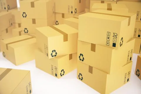 Warehouse or delivery concept background. Heap of cardboard delivery boxes or Stock Illustration