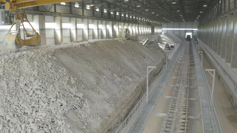 Warehouse or stock or hangar of gypsum stone raw or material - sand, lime Stock Footage