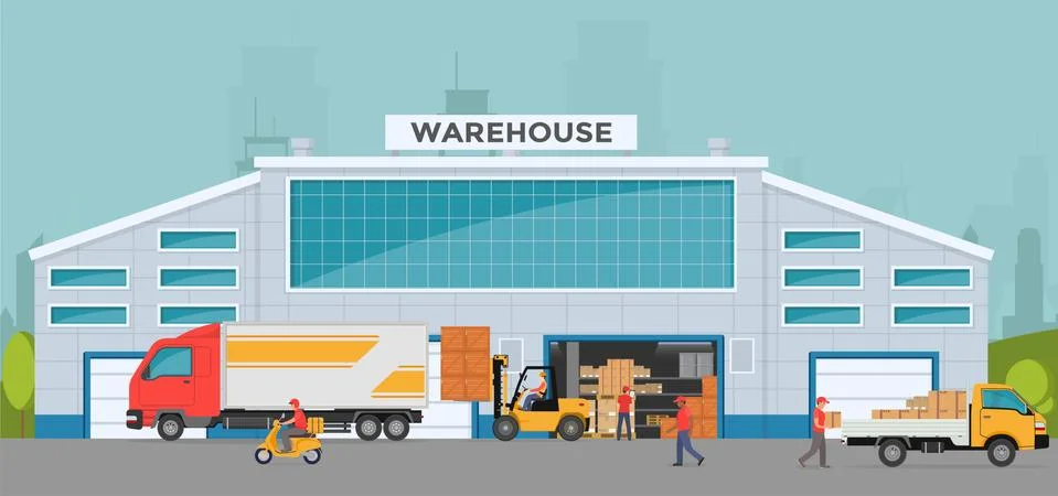Warehouse out side. Big warehouse and transportation beside. Boxes on pallet Stock Illustration