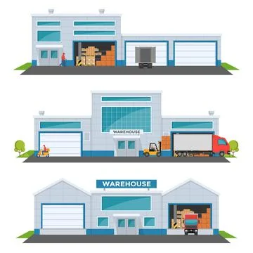 Warehouse out side. Big warehouse and transportation beside. Boxes on pallet Stock Illustration