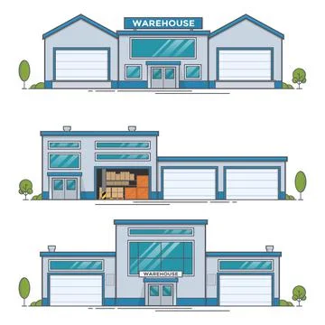 Warehouse out side. Big warehouse and transportation beside. Boxes on pallet Stock Illustration