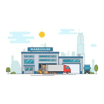 Warehouse out side. Big warehouse and transportation beside. Boxes on pallet Stock Illustration
