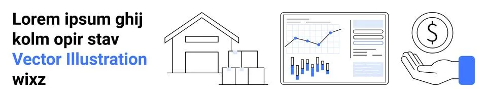 Warehouse outline with stacked boxes, data chart with analytics, hand with co Stock Illustration