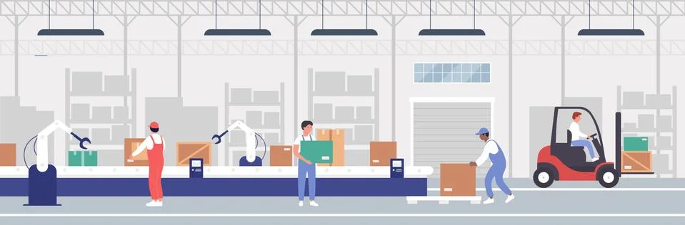 Warehouse packaging process automation vector illustration, cartoon flat worker Illustrazione stock