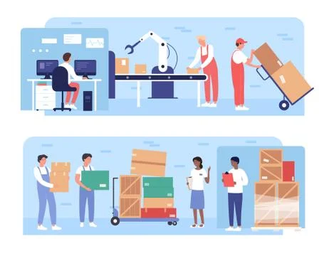 Warehouse packaging work vector illustration, cartoon flat worker people load 스톡 일러스트