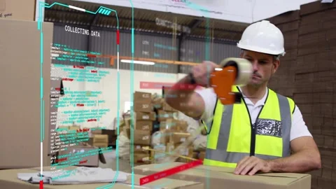 Warehouse packer glancing at holo data panel, sealing box with tape dispenser, Stock Footage 333132823