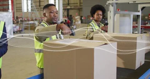 Warehouse packer packing box for orders as belt moving peer scanning waveform Stock Photos