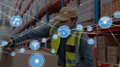 Warehouse packer scanning barcode and taping box starting blue network icons Stock Footage 333904797