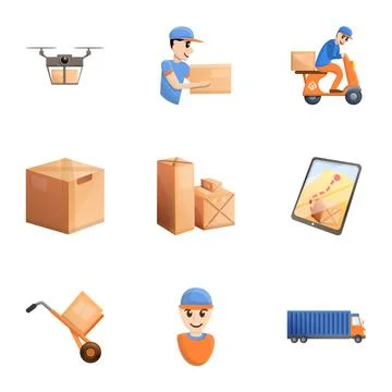 Warehouse parcel delivery icon set, cartoon style Stock Illustration