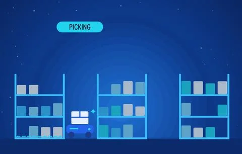 Warehouse picking robot vector illustration with autonomous cart moving between Illustrazione stock