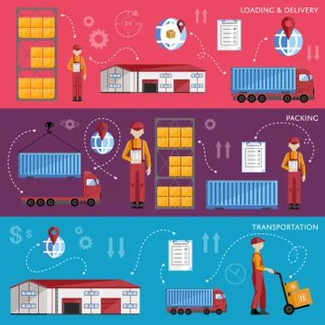 Warehouse process infographics four banners. Stock Illustration