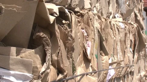 Warehouse for processing waste. Waste paper packed into briquettes. Garbage Video stock 55812532