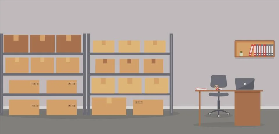 Warehouse: racks with boxes and workplace of warehouse manager, storekeeper Stock Illustration