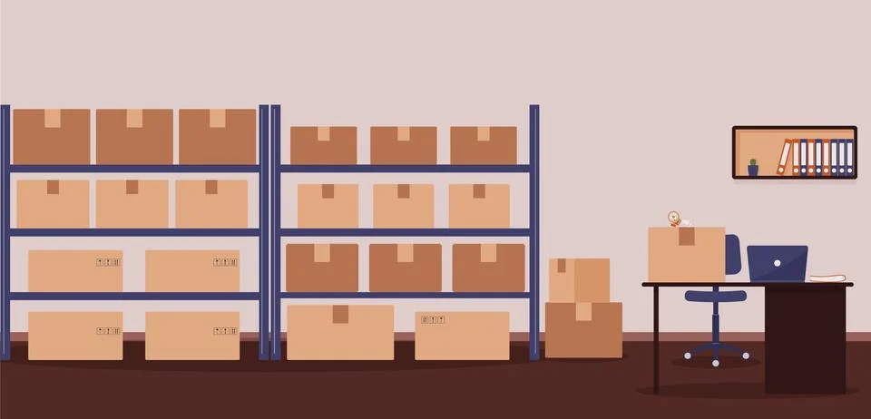 Warehouse: racks with boxes and workplace of warehouse manager, storekeeper Stock Illustration