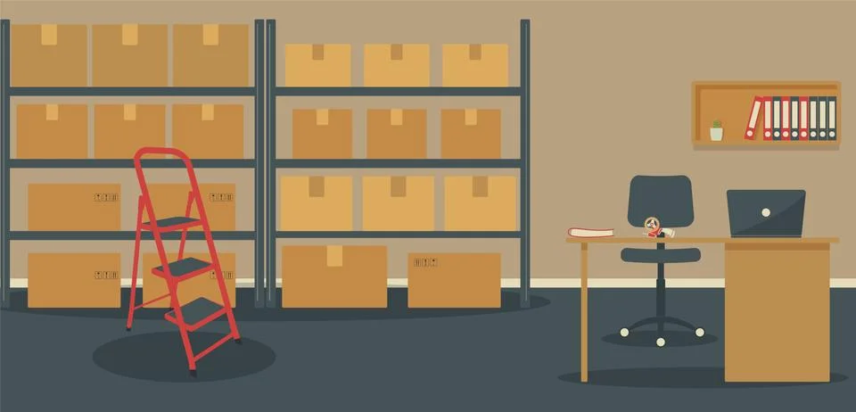 Warehouse: racks with boxes and workplace of warehouse manager, storekeeper Stock Illustration