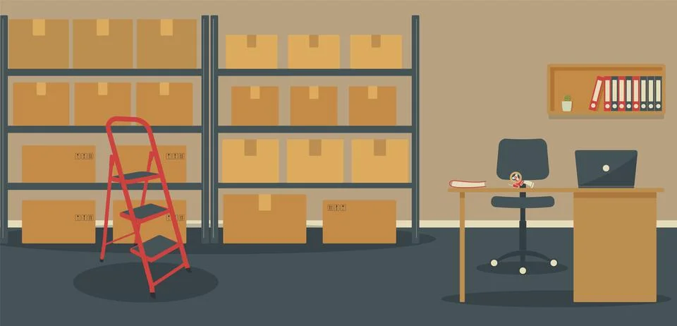 Warehouse: racks with boxes and workplace of warehouse manager, storekeeper Stock Illustration