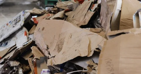 Warehouse with recyclable paper cardboard boxes at waste processing plant. Vídeo Stock 120122937