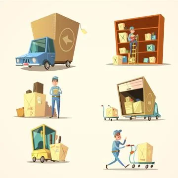 Warehouse retro cartoon set Stock Illustration
