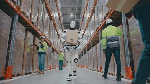 Warehouse robot carrying parcel through aisle while two female workers in safety Stock Footage 314393049
